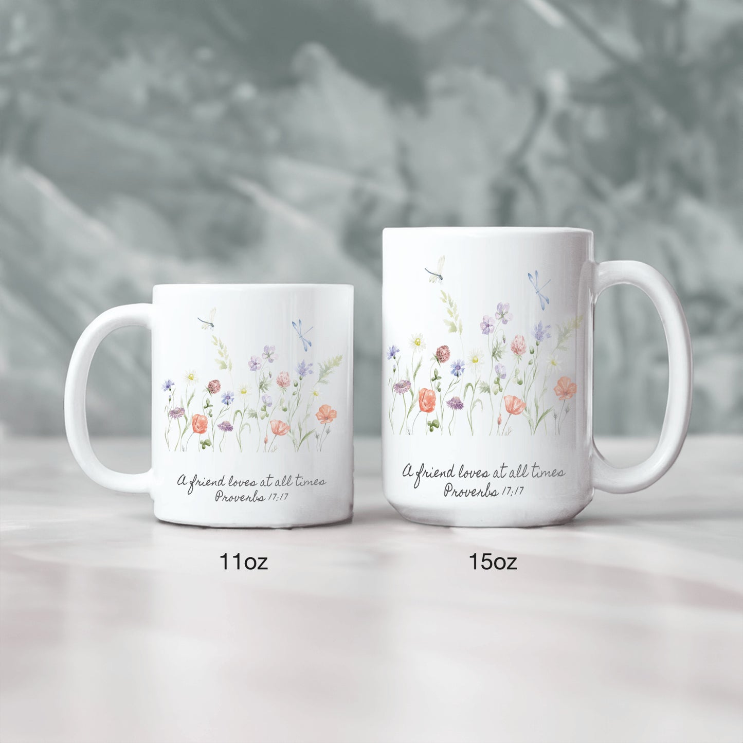Floral Ceramic Coffee Mug Gift - Inspirational Scripture for Friends - A friend loves at all times Proverbs 17:17