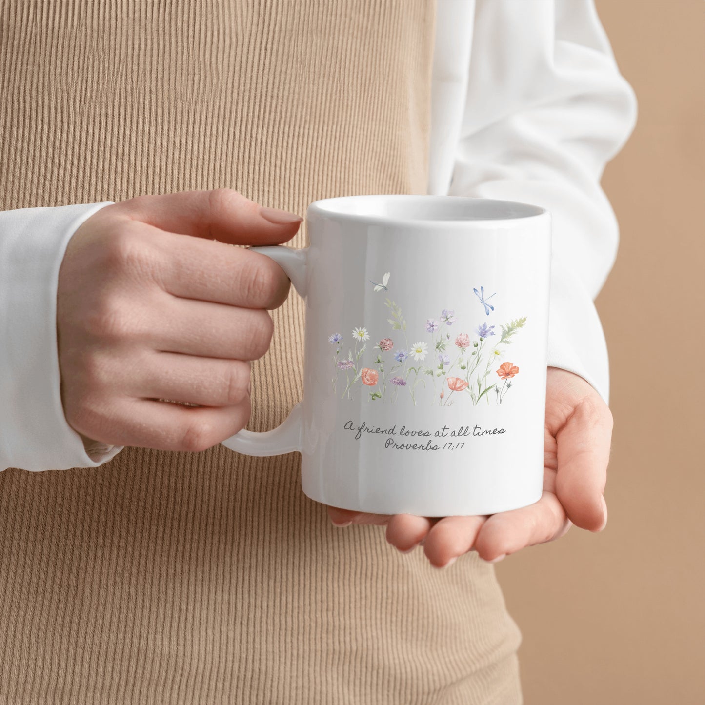 Floral Ceramic Coffee Mug Gift - Inspirational Scripture for Friends - A friend loves at all times Proverbs 17:17