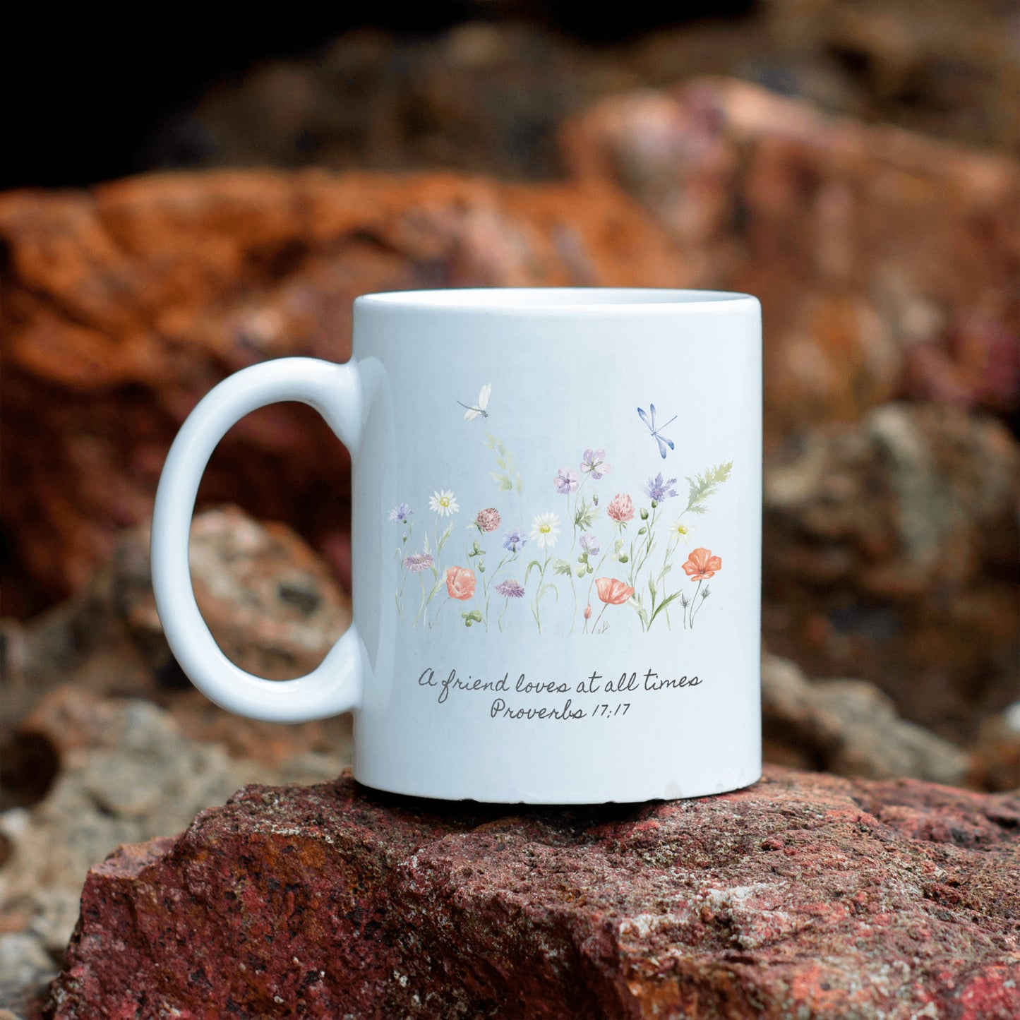 Floral Ceramic Coffee Mug Gift - Inspirational Scripture for Friends - A friend loves at all times Proverbs 17:17