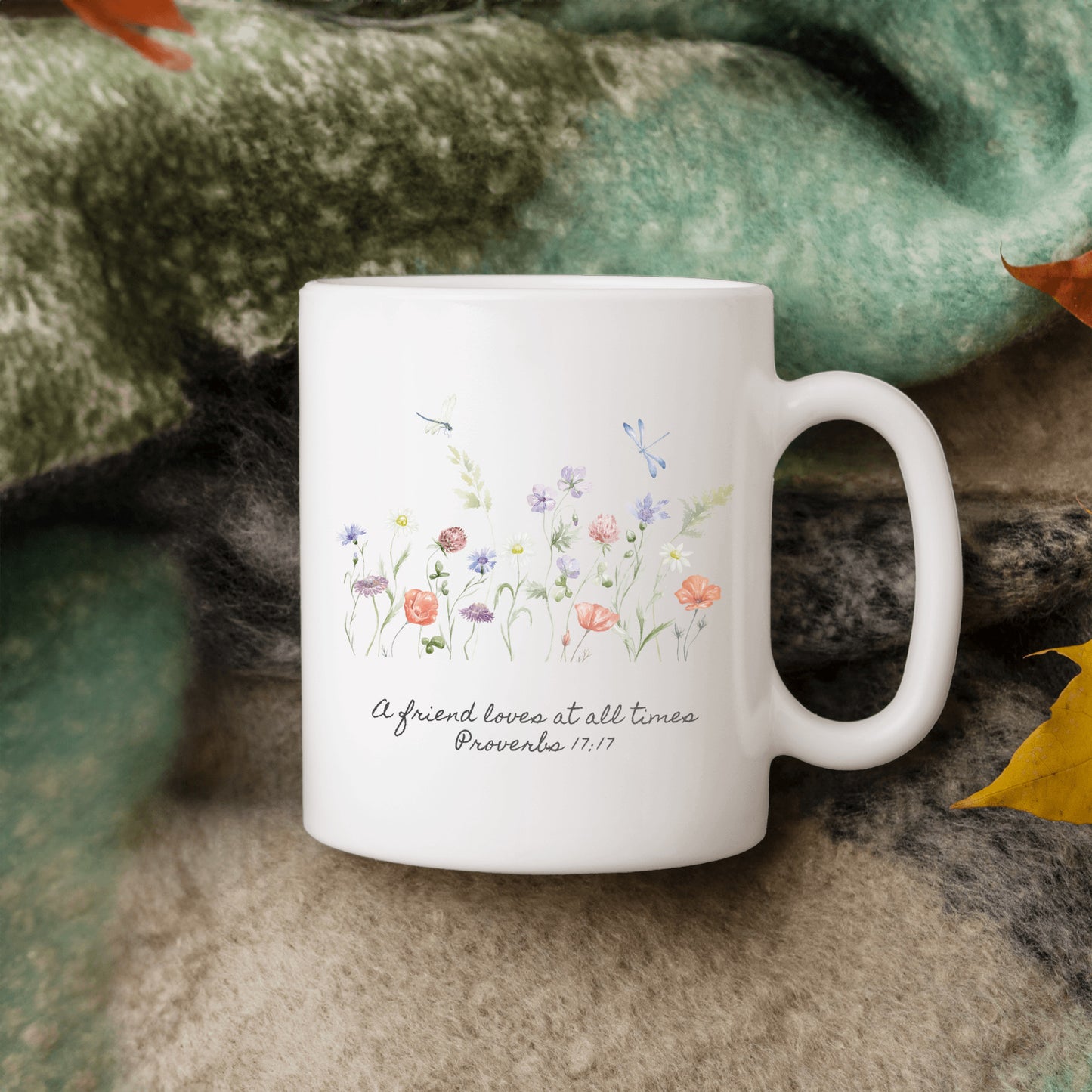 Floral Ceramic Coffee Mug Gift - Inspirational Scripture for Friends - A friend loves at all times Proverbs 17:17