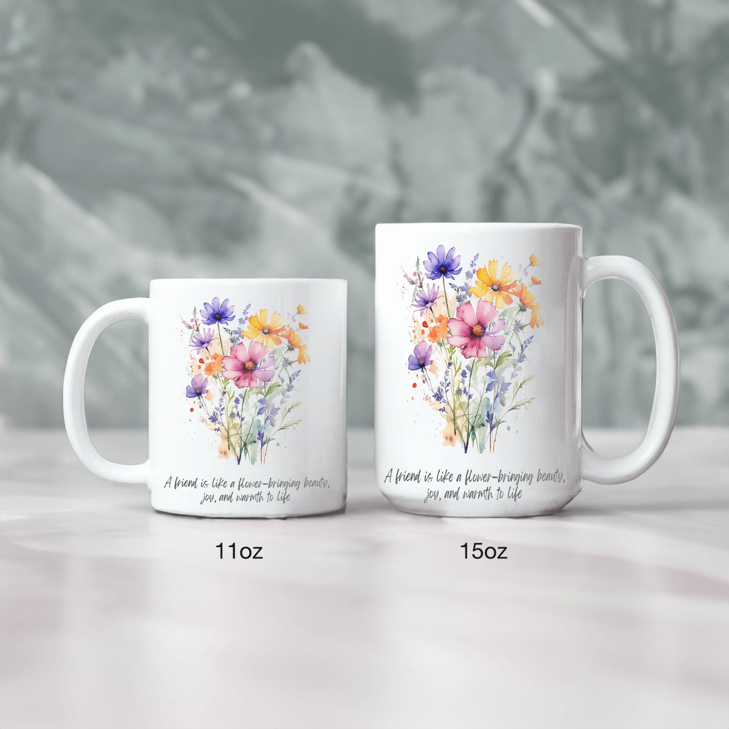 Inspirational Floral Ceramic Coffee Mug Gift - A friend is like a flower - bringing beauty, joy and warmth to life.