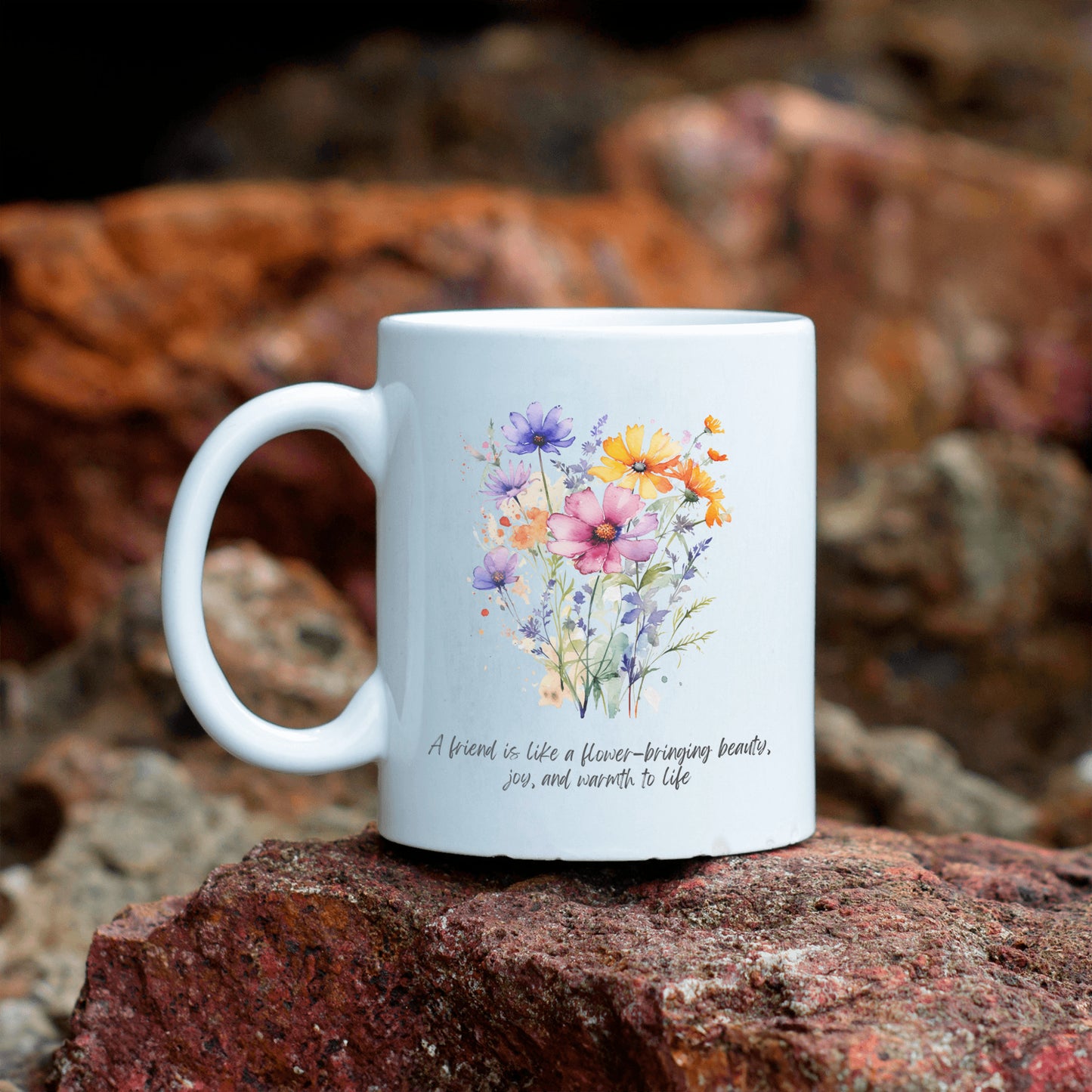 Inspirational Floral Ceramic Coffee Mug Gift - A friend is like a flower - bringing beauty, joy and warmth to life.