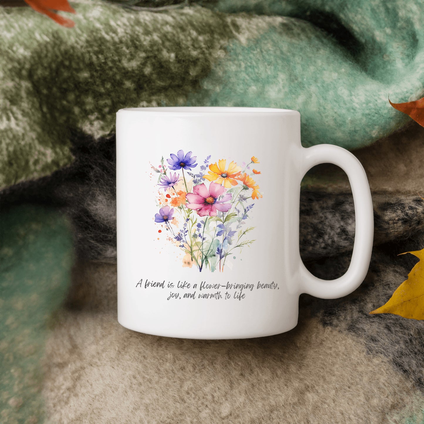 Inspirational Floral Ceramic Coffee Mug Gift - A friend is like a flower - bringing beauty, joy and warmth to life.