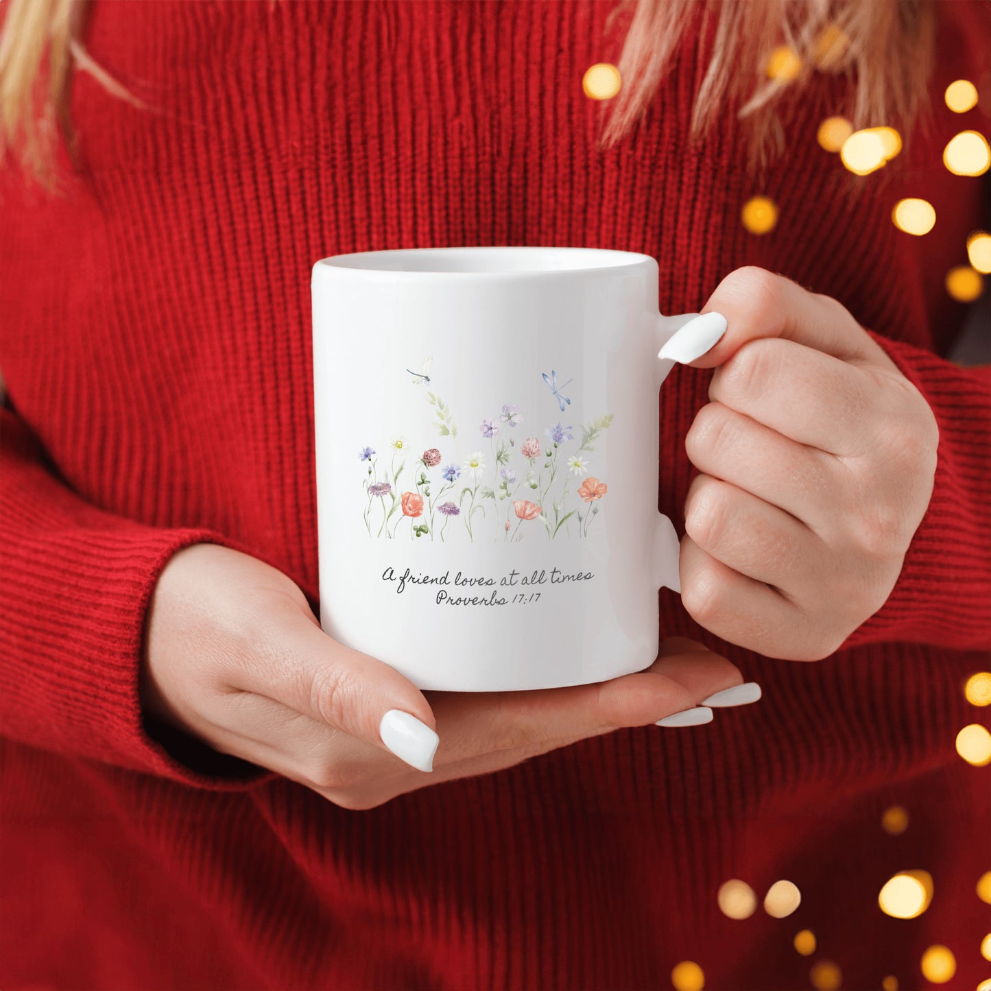 Floral Ceramic Coffee Mug Gift - Inspirational Scripture for Friends - A friend loves at all times Proverbs 17:17