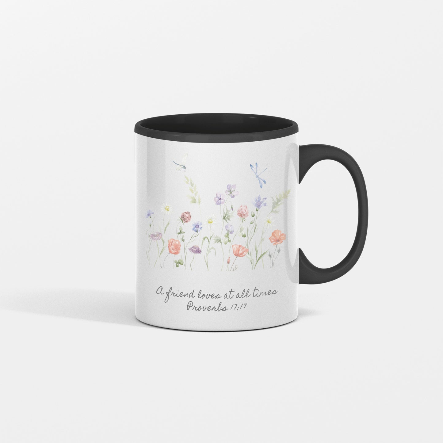 Floral Ceramic Coffee Mug Gift - Inspirational Scripture for Friends - A friend loves at all times Proverbs 17:17